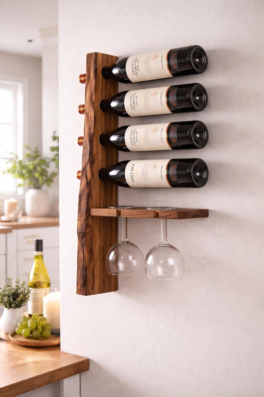 Live Edge Solid Wood Wine Rack with Glass Holder | Rustic Wall Decor