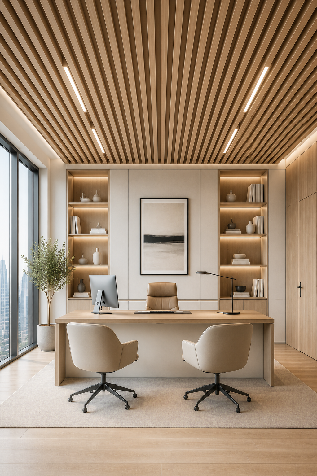 Modern office interior with wooden desk, chairs, and shelves.