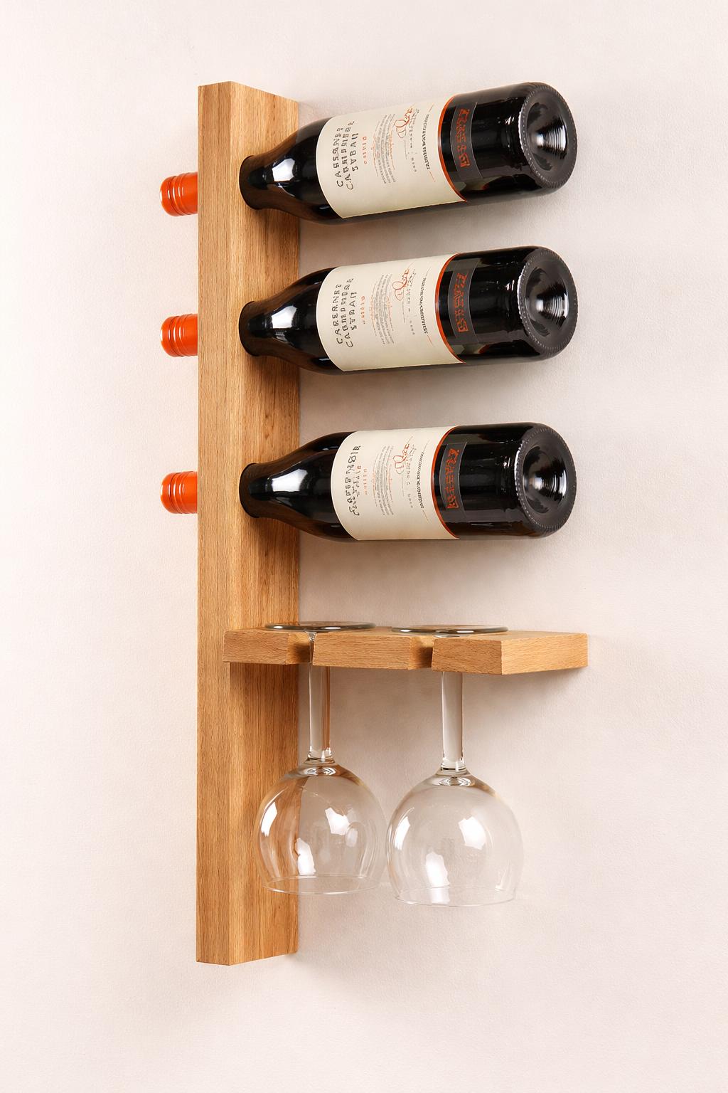 Wall Mounted Wine Rack with Glass Holder | Solid Wood Storage