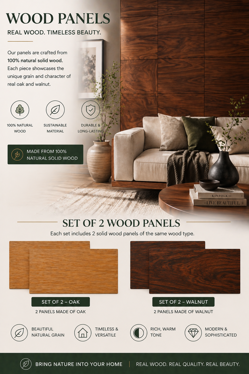 Advertisement for wood panels with a living room setting and product information.
