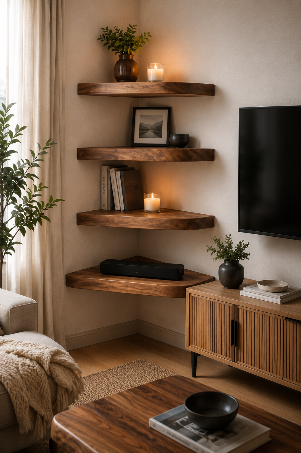 A styled interior corner with four floating wooden shelves mounted on a beige wall, holding books, candles, a framed print, and small plants. A wood cabinet, black TV, coffee table, and sofa are visible in a warm, real room setting.