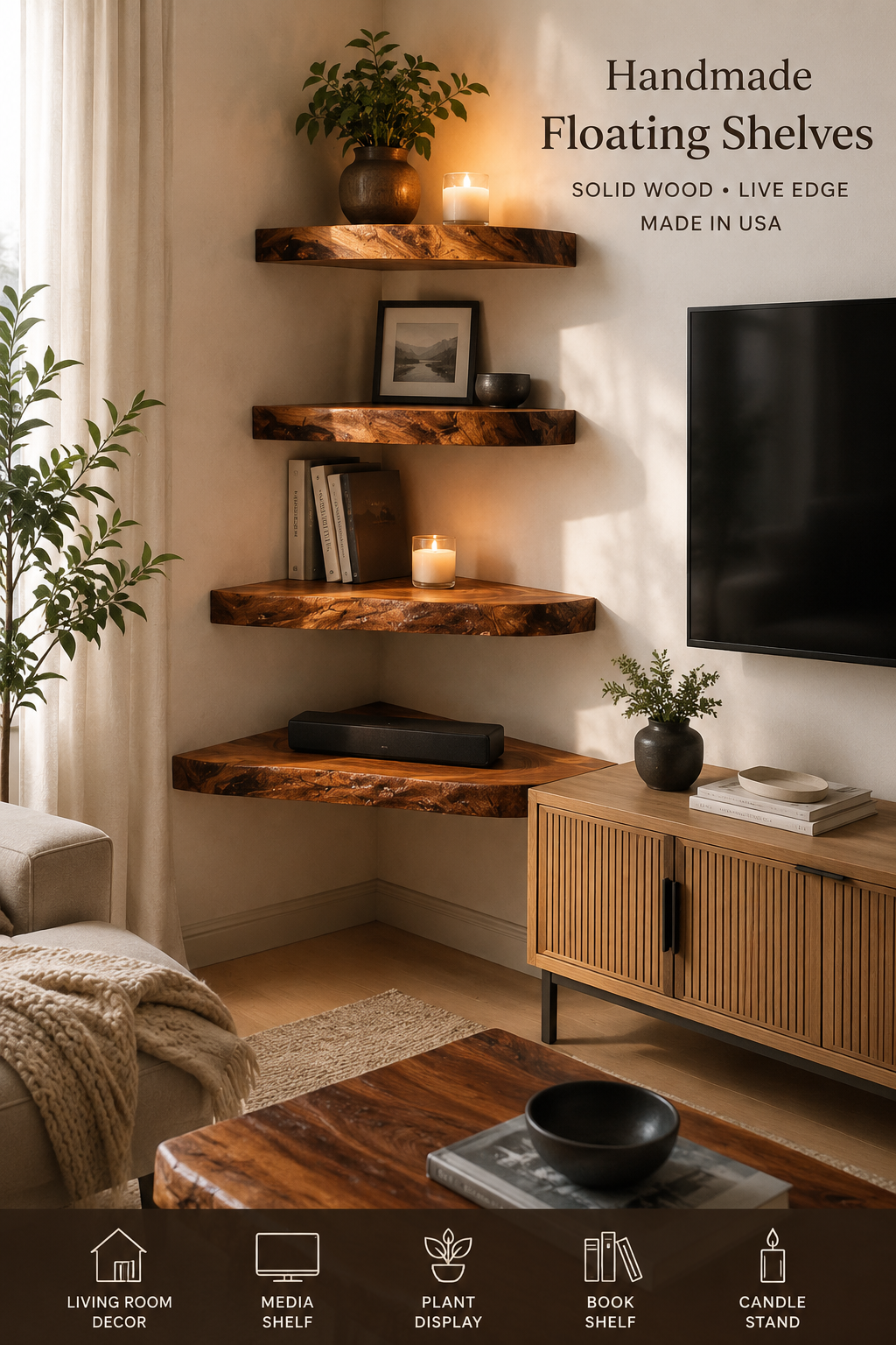 A set of four floating solid wood shelves mounted on a wall in a modern living room setting, styled with books, candles, and plants. Text overlays on the right read 'Handmade Floating Shelves', 'SOLID WOOD • LIVE EDGE', and 'MADE IN USA'.
