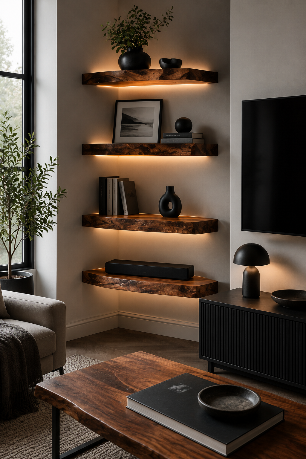 A styled interior scene showing a set of four floating wooden shelves mounted on a wall, each illuminated by warm under-shelf lighting. The shelves are styled with books, a black vase, a framed print, and a small plant.