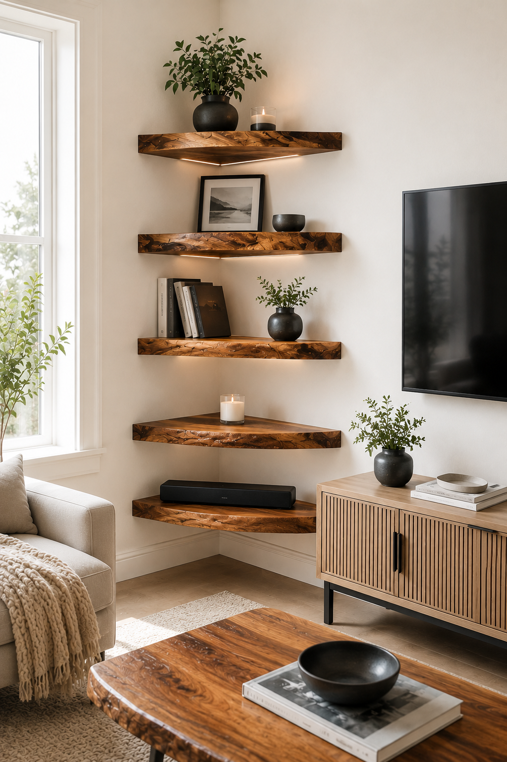 A styled living room corner with five rustic floating wooden shelves mounted on a white wall. The shelves are decorated with potted green plants, books, a small picture frame, and candles.