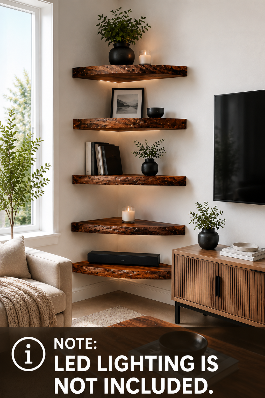 Five rustic dark wood floating shelves mounted on a white wall in a modern living room corner, styled with books, small potted plants, candles, and a framed picture. A TV is mounted on the right wall above a wooden cabinet.
