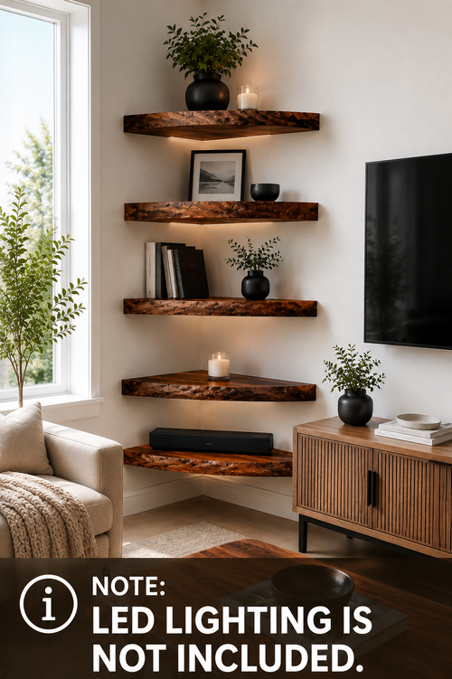 Five rustic dark wood floating shelves mounted on a white wall in a modern living room corner, styled with books, small potted plants, candles, and a framed picture. A TV is mounted on the right wall above a wooden cabinet.