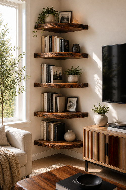 A set of five rustic, live-edge wooden floating shelves mounted on a cream-colored wall in a cozy living room corner. The shelves are styled with books, small potted plants, and framed art, positioned next to a window, a beige sofa, and a wooden TV stand.