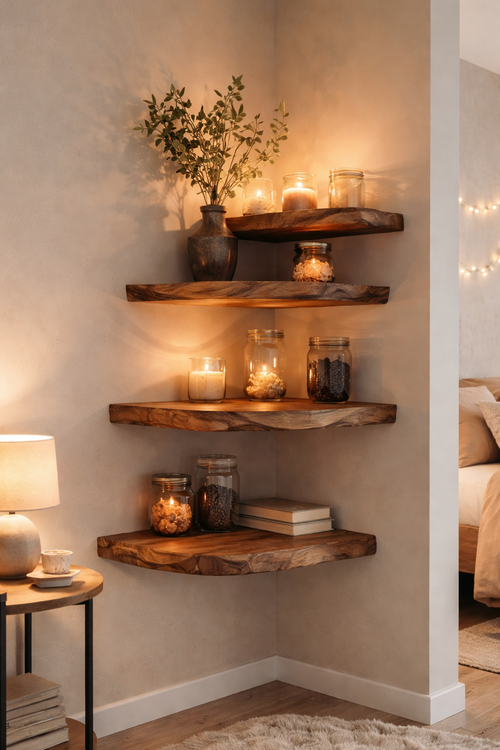 Three rustic live-edge wooden floating shelves mounted on a beige wall in a bedroom corner, styled with candles, glass jars, a vase with greenery, and books.