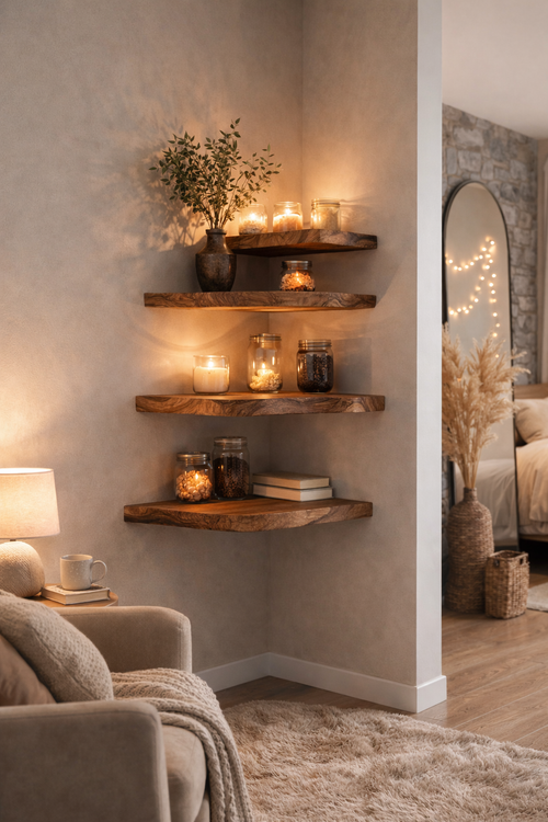 Four rustic wooden floating shelves mounted on a textured beige wall in a cozy bedroom corner, styled with candles, glass jars, books, and dried botanicals. A matching beige armchair and shag rug are visible in the foreground, with a bedroom scene beyond.