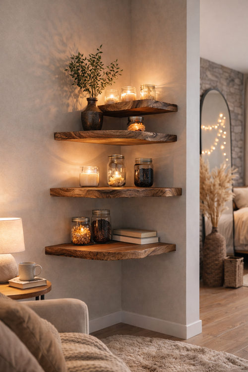 Four rustic wooden floating shelves mounted on a wall in a cozy living room corner, styled with candles, glass jars, books, and a small potted plant.