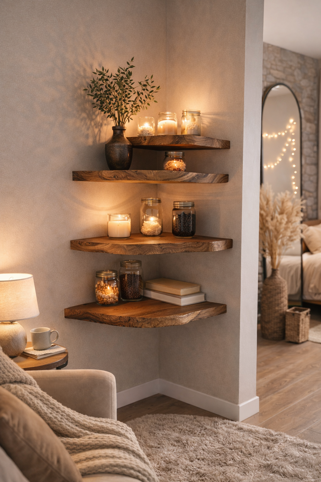 Four rustic wooden floating shelves mounted on a beige wall in a cozy living room corner, styled with candles, glass jars, books, and a small potted plant.