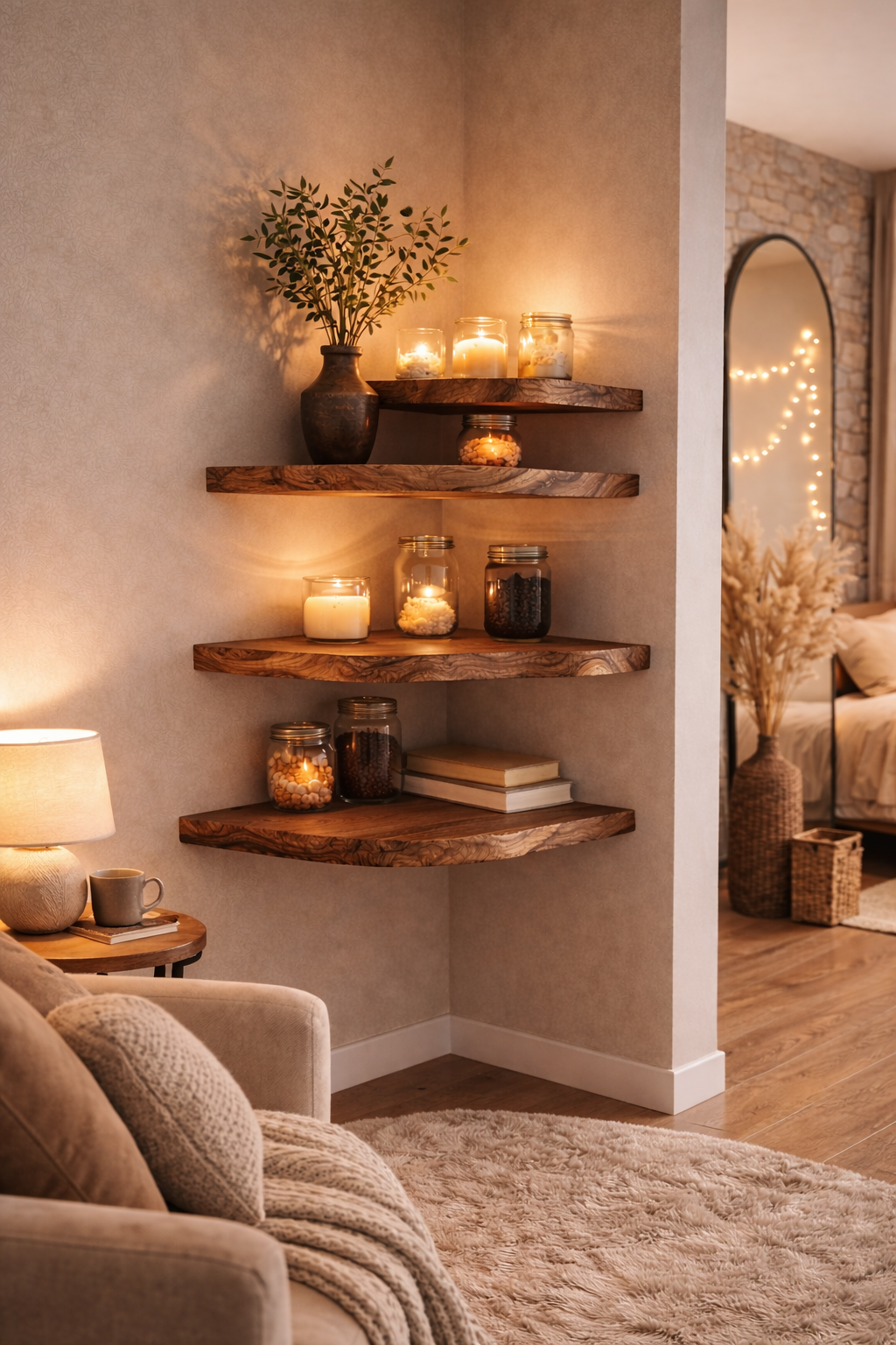 Rustic floating wooden shelves mounted on a beige wall in a cozy living room corner, styled with candles, a dark vase of greenery, books, and glass jars. A warm lamp glows on the left, and a glimpse of a bedroom with fairy lights is visible in the background.