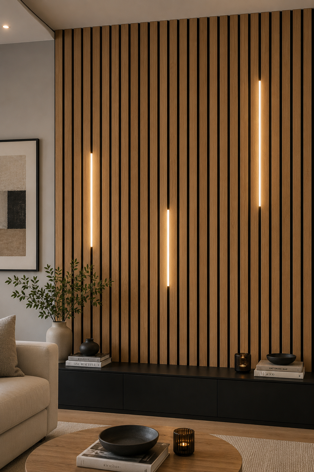 Modern living room with striped wall design and decorative elements.