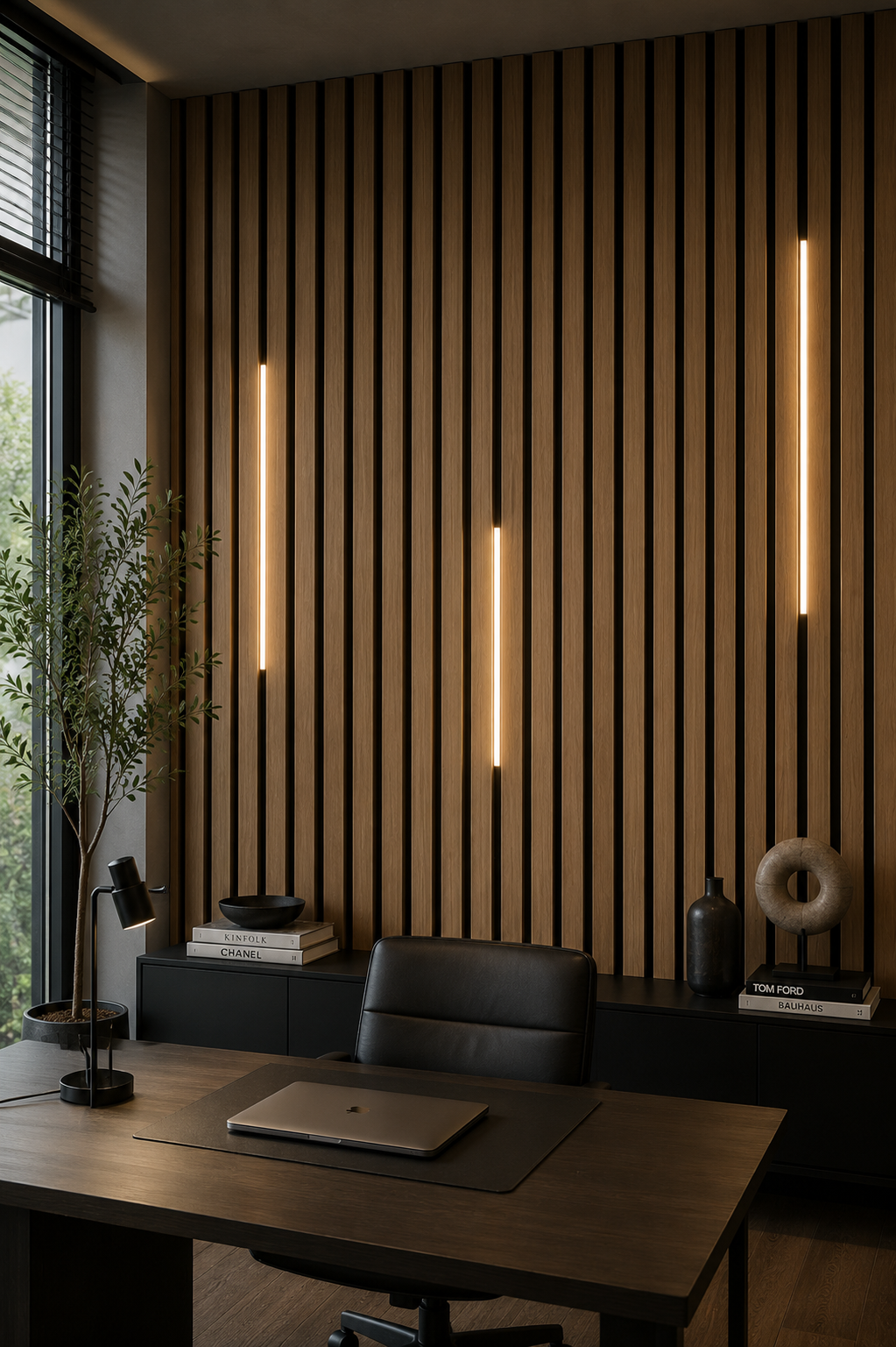 Modern office interior with a striped wall, desk, and decor elements.