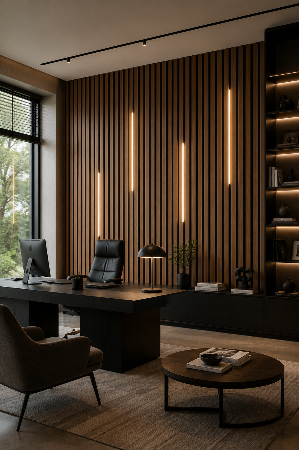 Modern office interior with wooden desk, chairs, and wall lights.