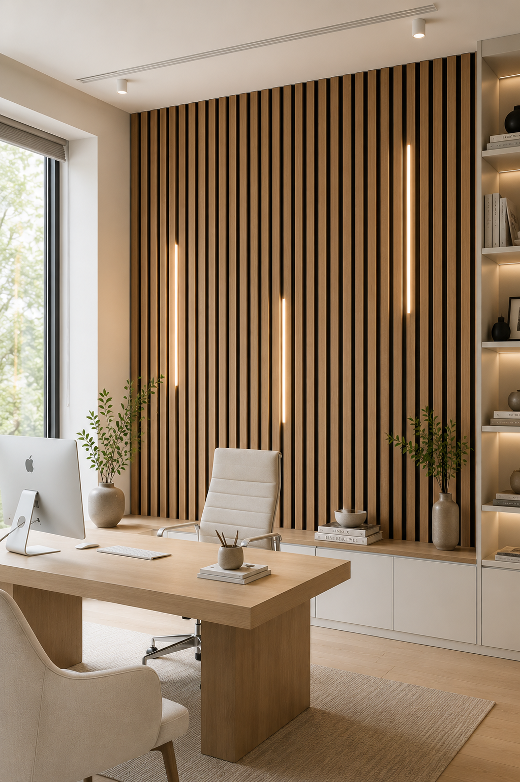 Modern office interior with a wooden desk, chair, and striped wall.