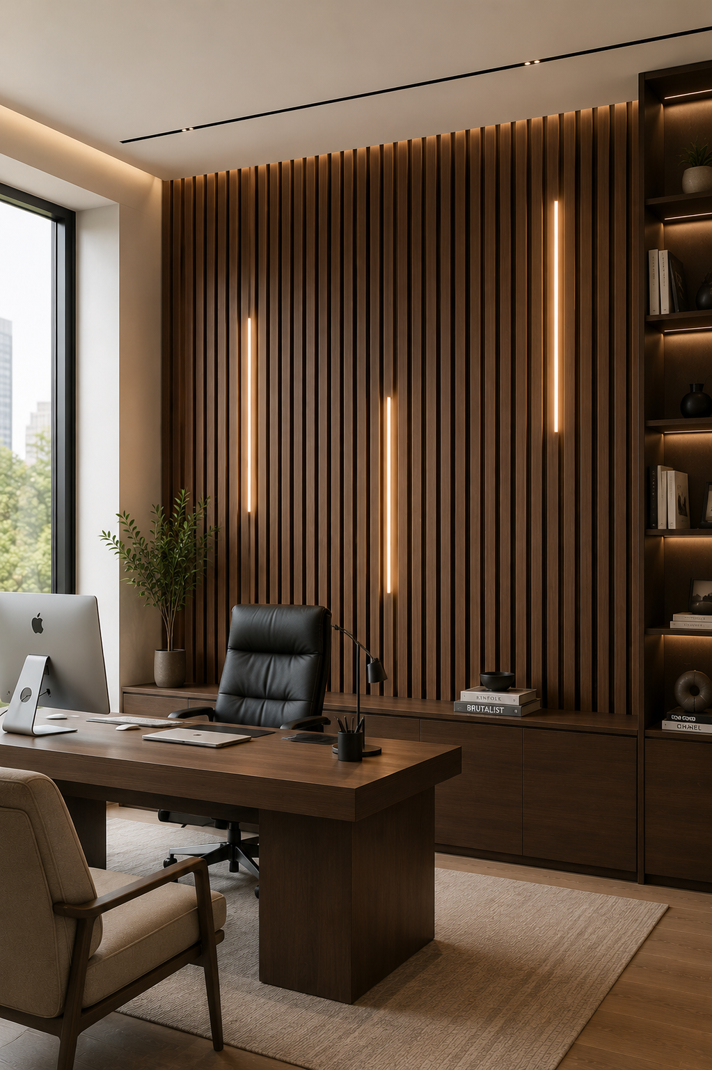 Modern office interior with a wooden desk, chair, and bookshelf.