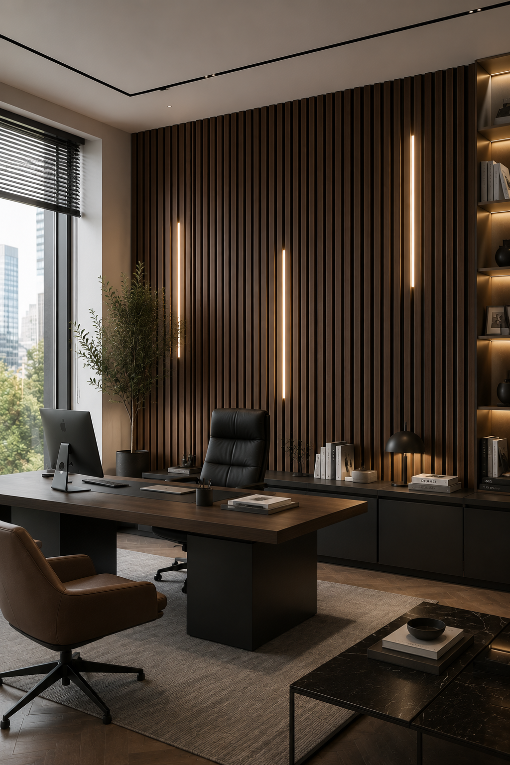 Modern office interior with a large desk, chair, and decorative elements.
