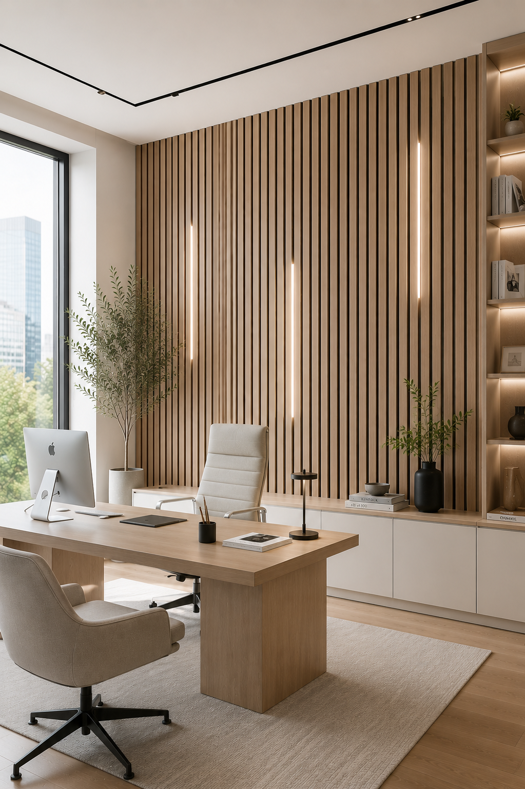 Modern office interior with a wooden desk, chairs, and decorative elements.