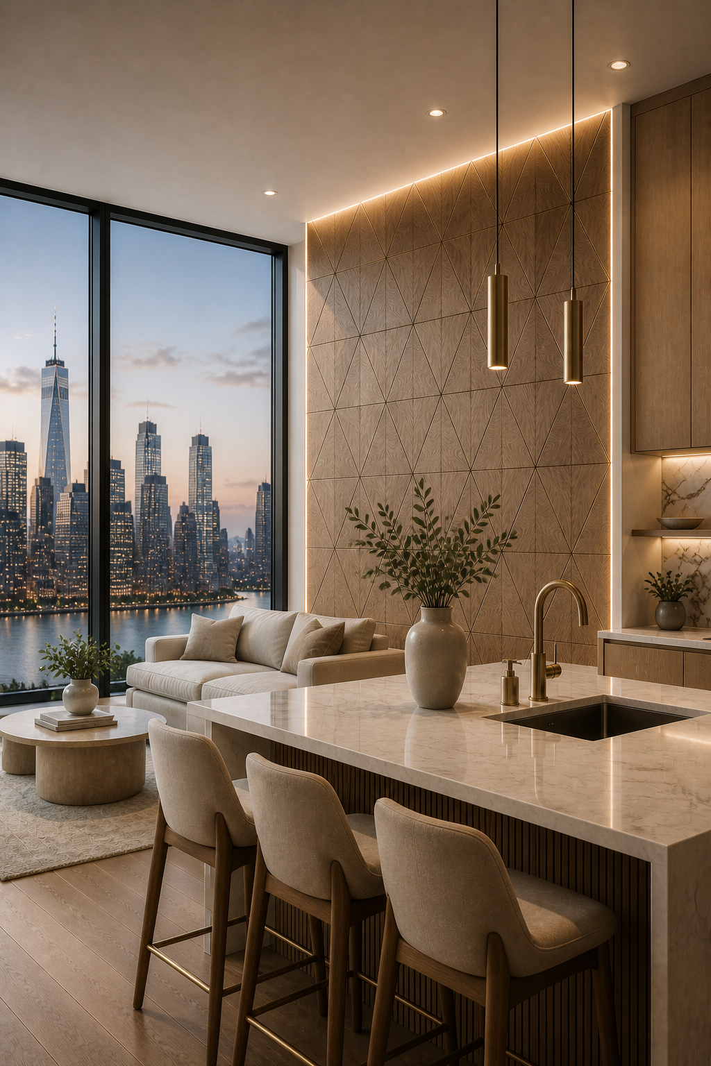 Modern kitchen and living area with city skyline view