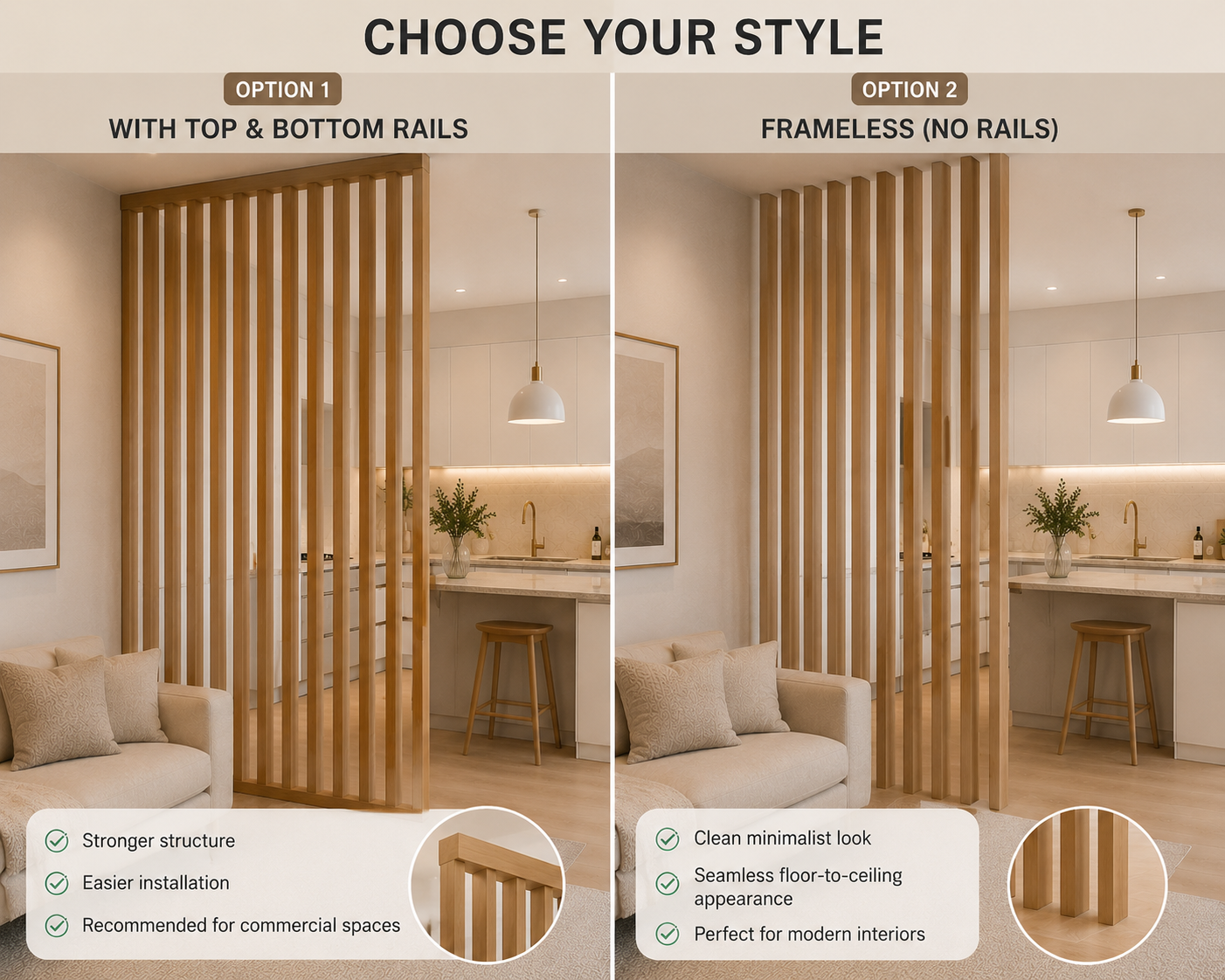 Choose your wood divider style infographic with oak and walnut finish options