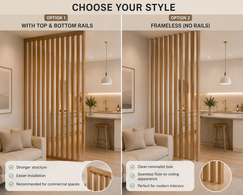 Choose your wood divider style infographic with oak and walnut finish options