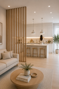 Modern apartment divider with floor to ceiling wooden slat partition