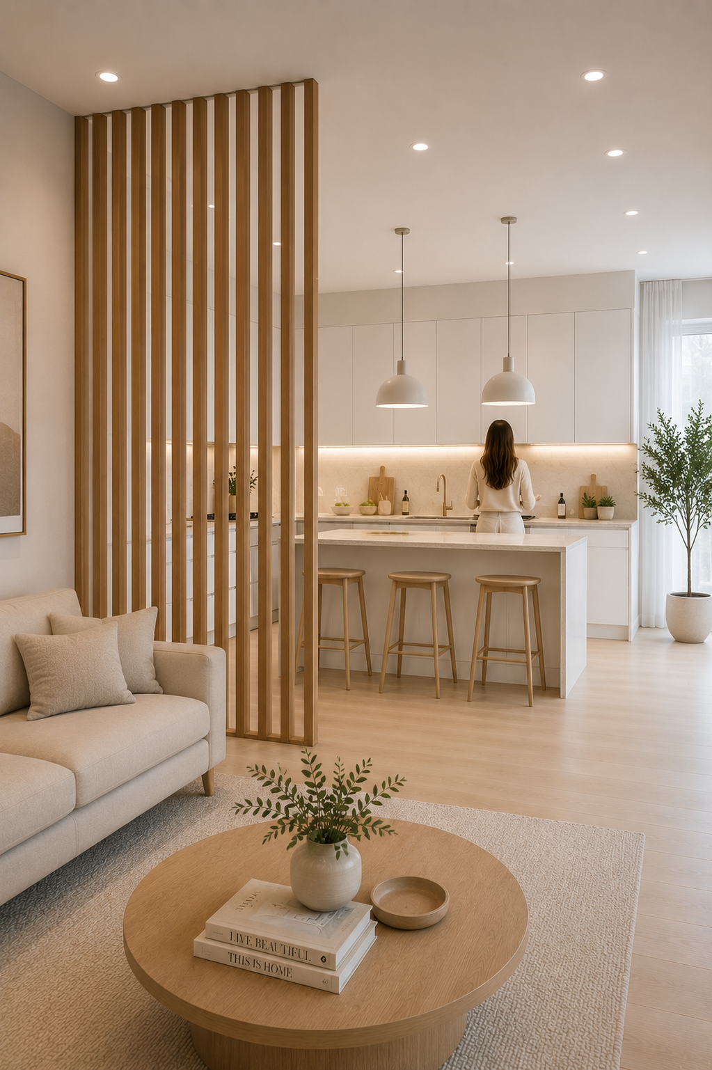 Modern apartment divider with floor to ceiling wooden slat partition