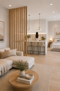 Modern apartment wood slat divider separating bedroom and kitchen in open concept studio