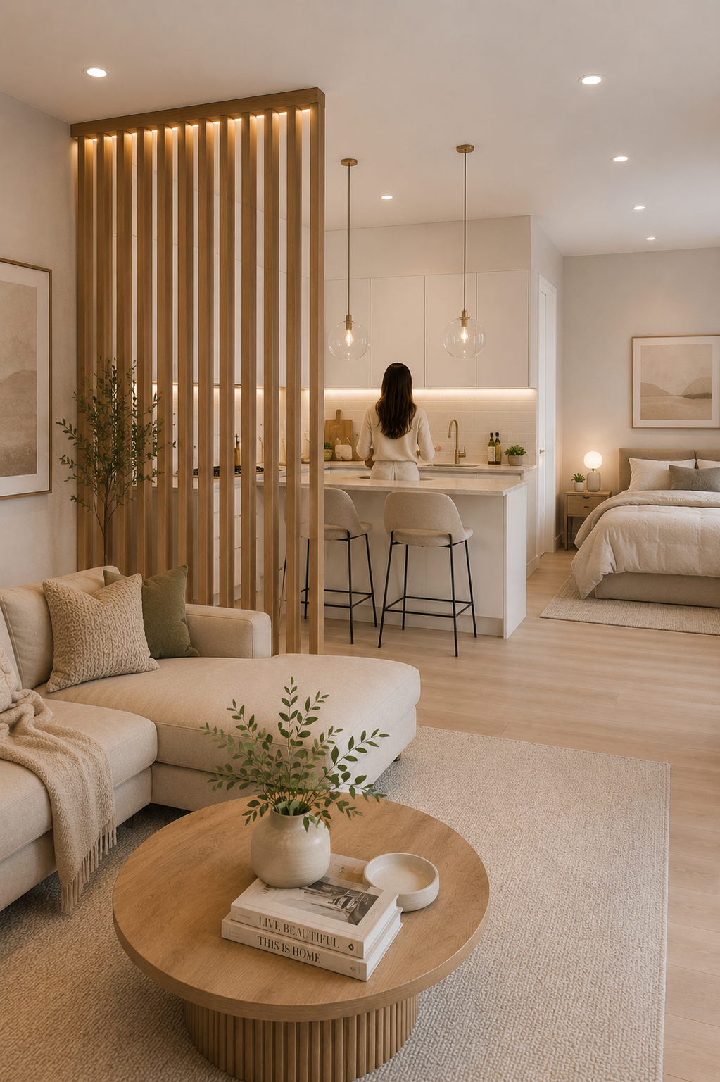 Scandinavian wood slat divider between living room and kitchen