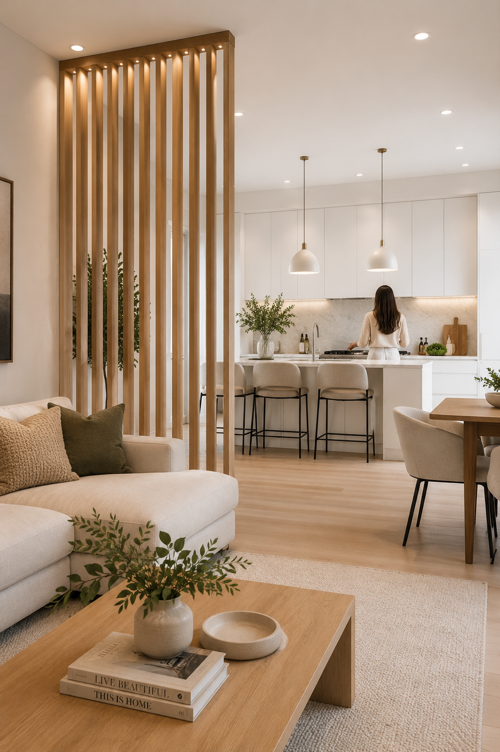 Luxury wood slat divider for contemporary home and commercial interiors