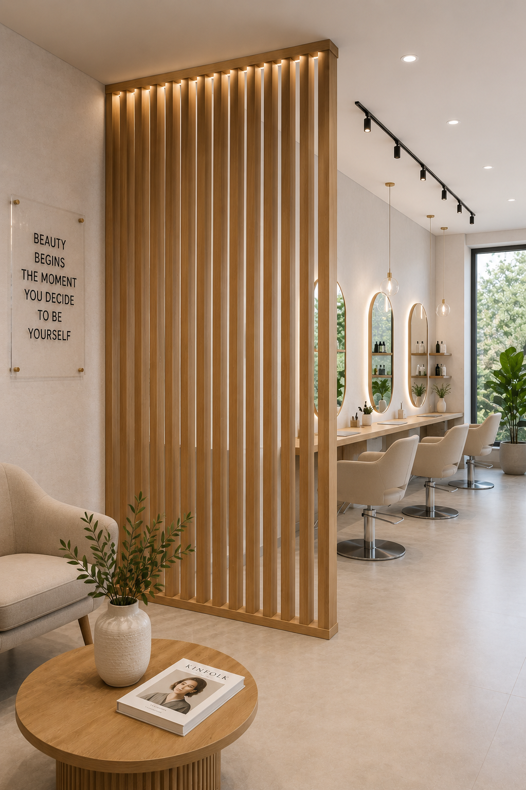 Apartment room divider with vertical wood slats for open concept living