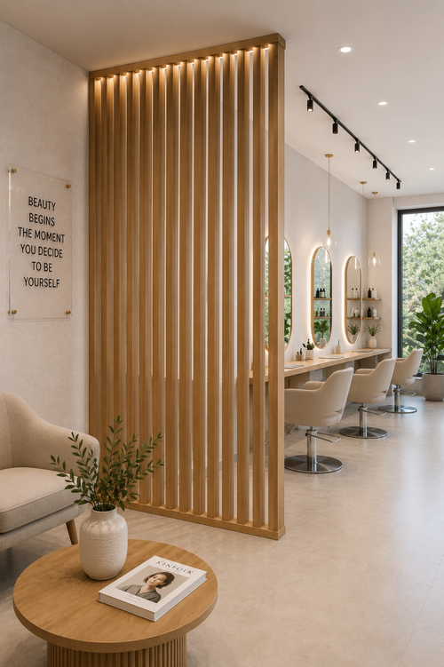 Apartment room divider with vertical wood slats for open concept living