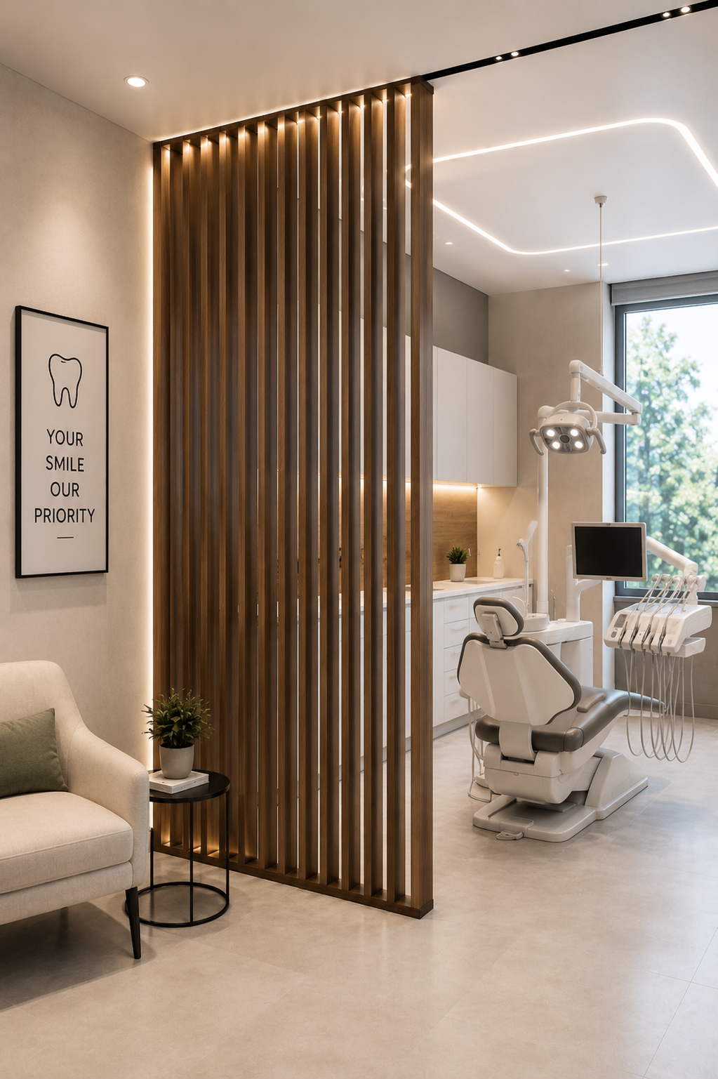 Solid oak office partition wall with vertical wood slats for open workspace