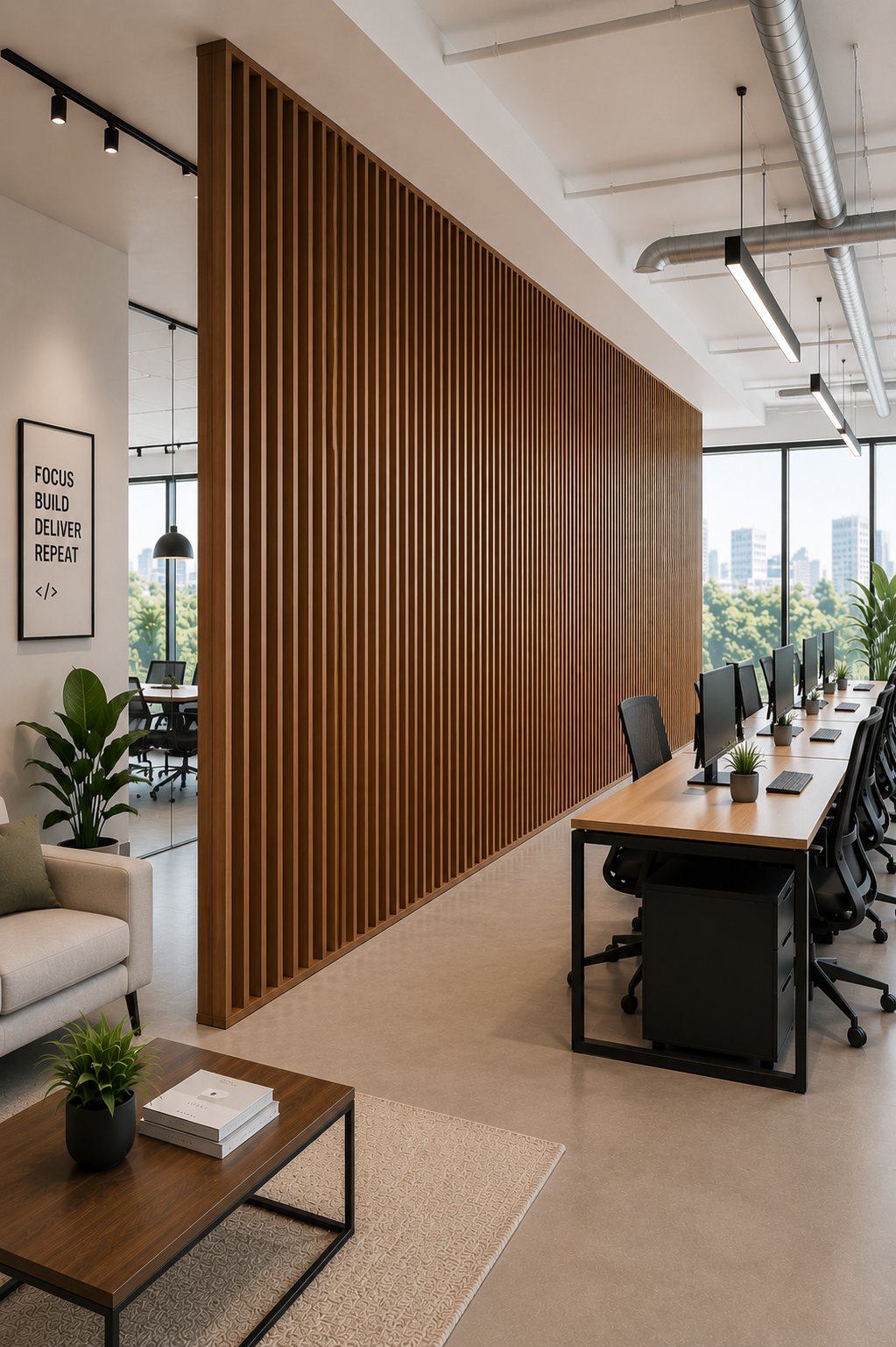 Custom wood room divider with floor to ceiling slats for modern apartment interiors