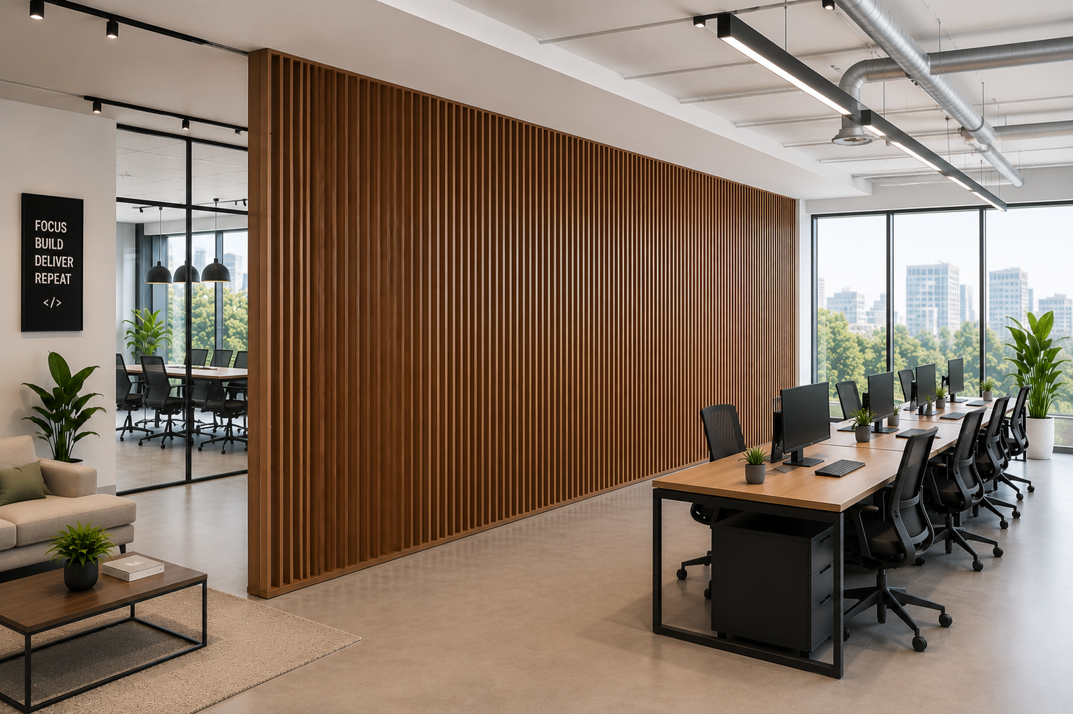 Open concept apartment divider separating kitchen and living room with wood slats