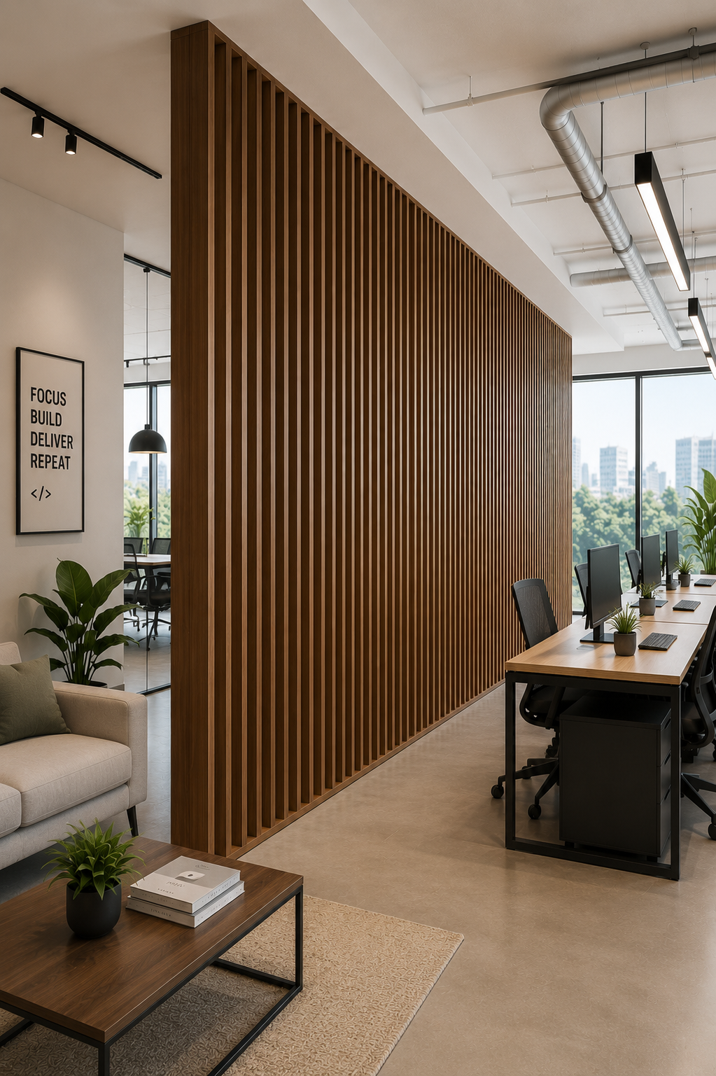 Modern salon wood divider with vertical oak slats and natural finish