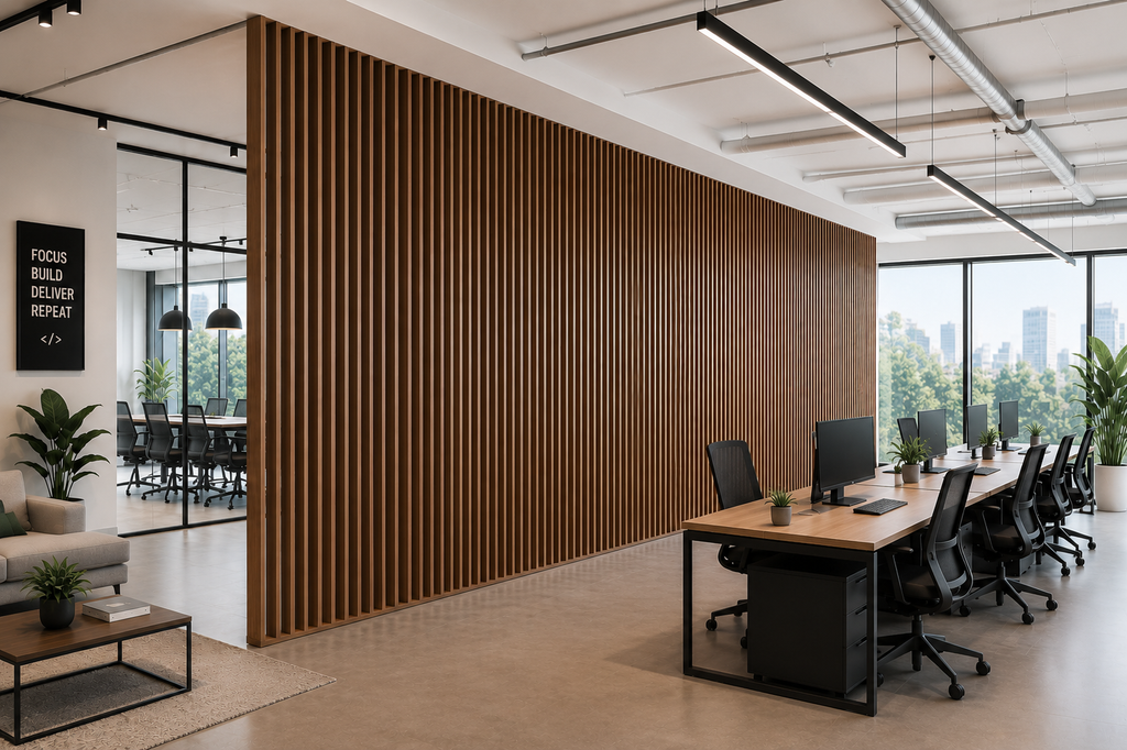 Architectural commercial wood divider with contemporary slat design