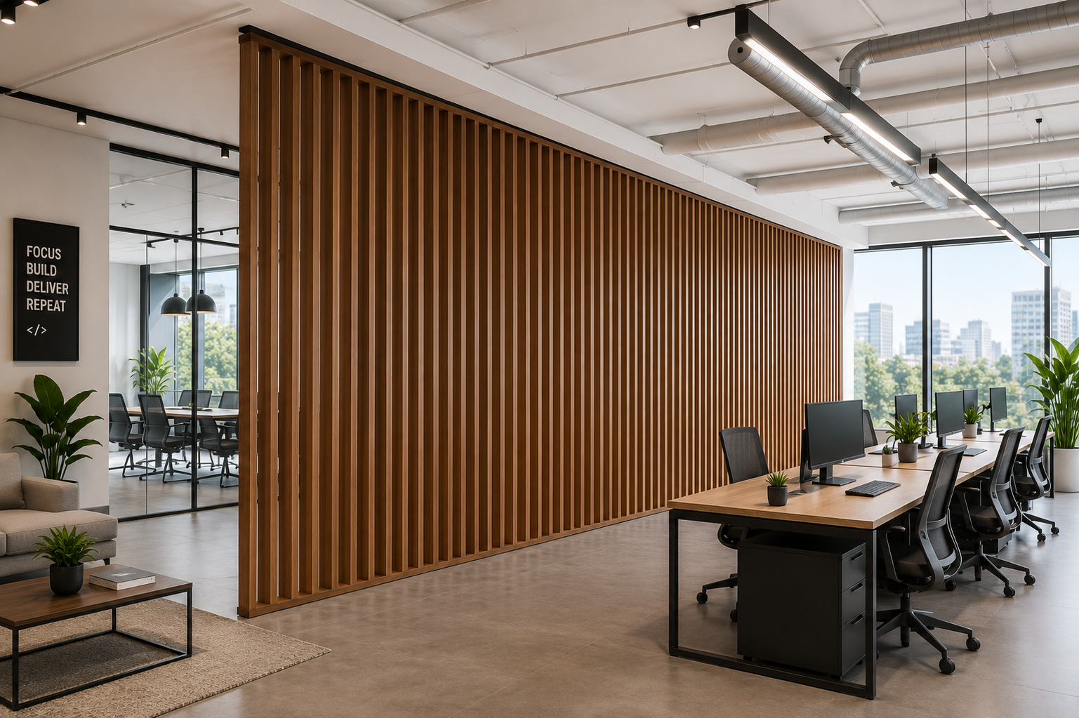 Floor to ceiling wood slat partition for coworking office space