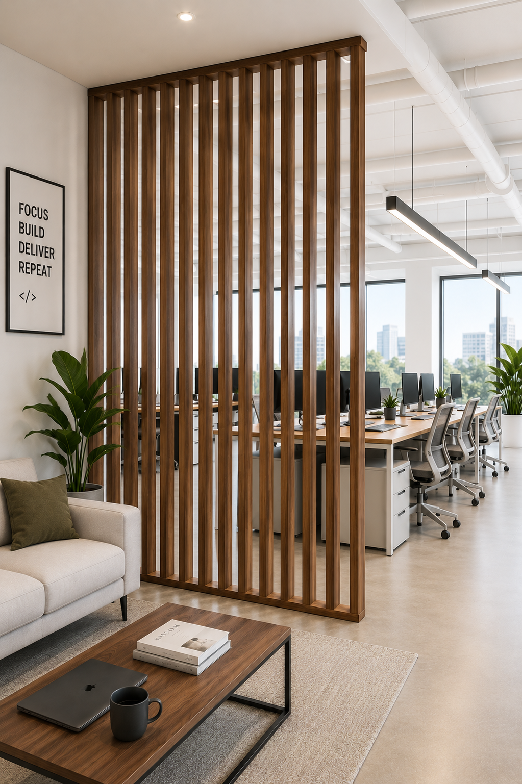 Architectural wood office divider creating modern open workspace separation
