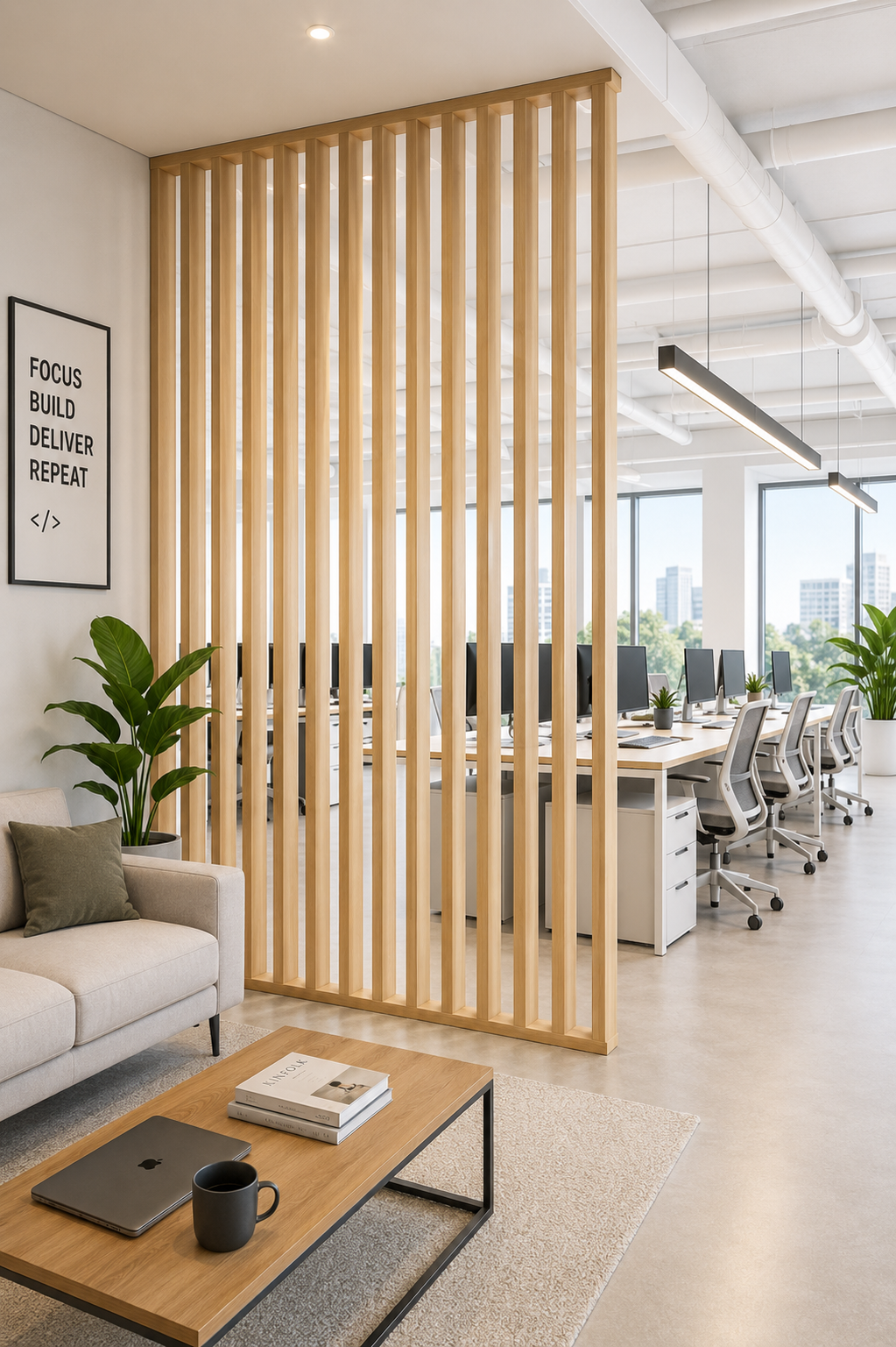 Large office partition wall made from solid wood vertical slats