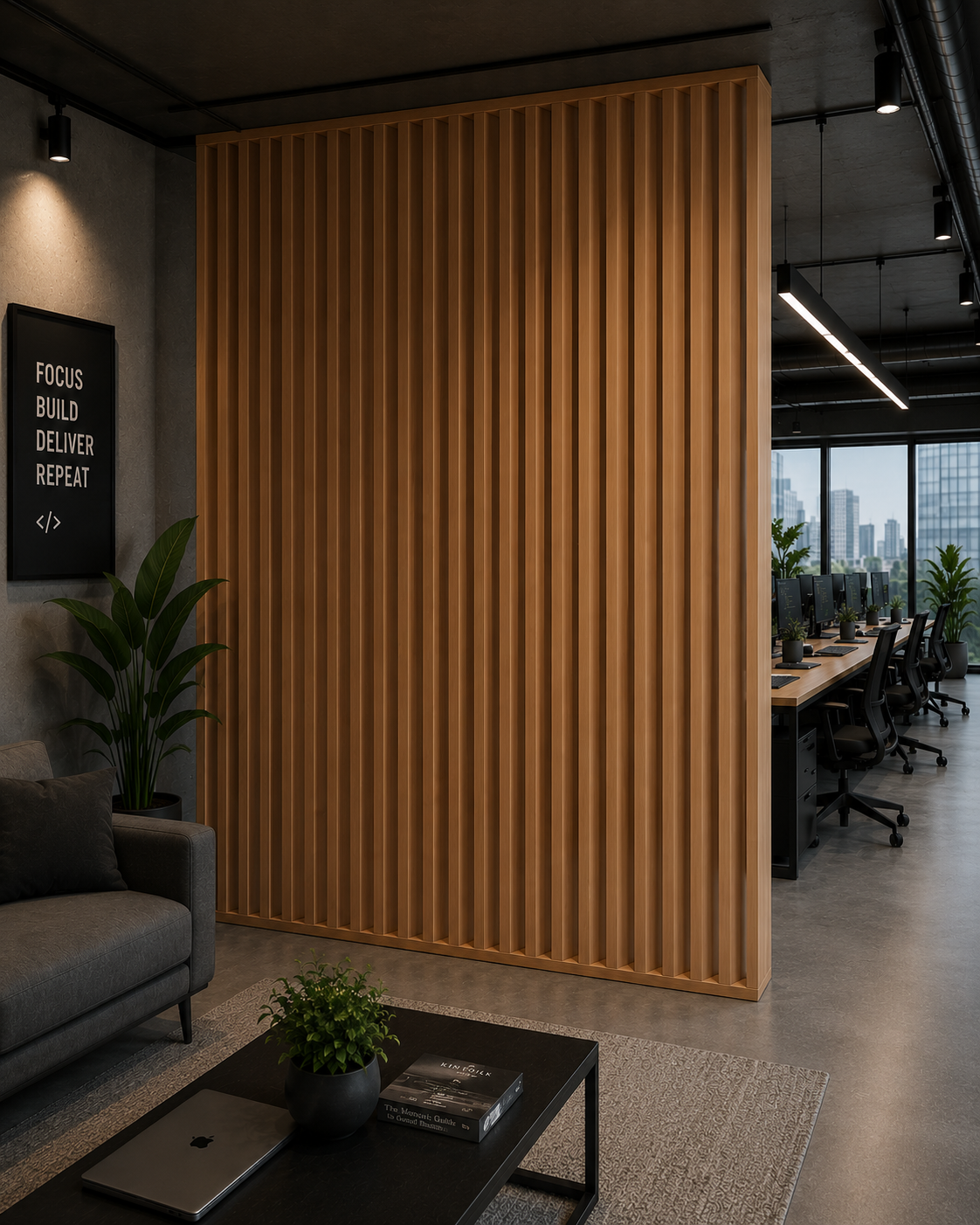 Floor to ceiling office partition wall with solid wood slat design
