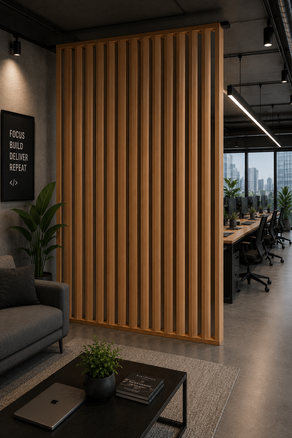 Modern office wood divider with vertical oak slats for commercial workspace