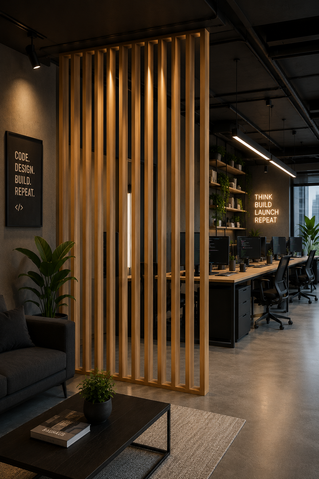 Modern wood office divider for open concept commercial interiors