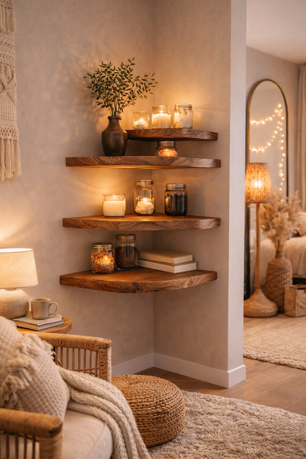 A set of four rustic wooden floating shelves mounted on a textured beige wall in a cozy living room corner, styled with candles, books, a small plant, and decorative jars.