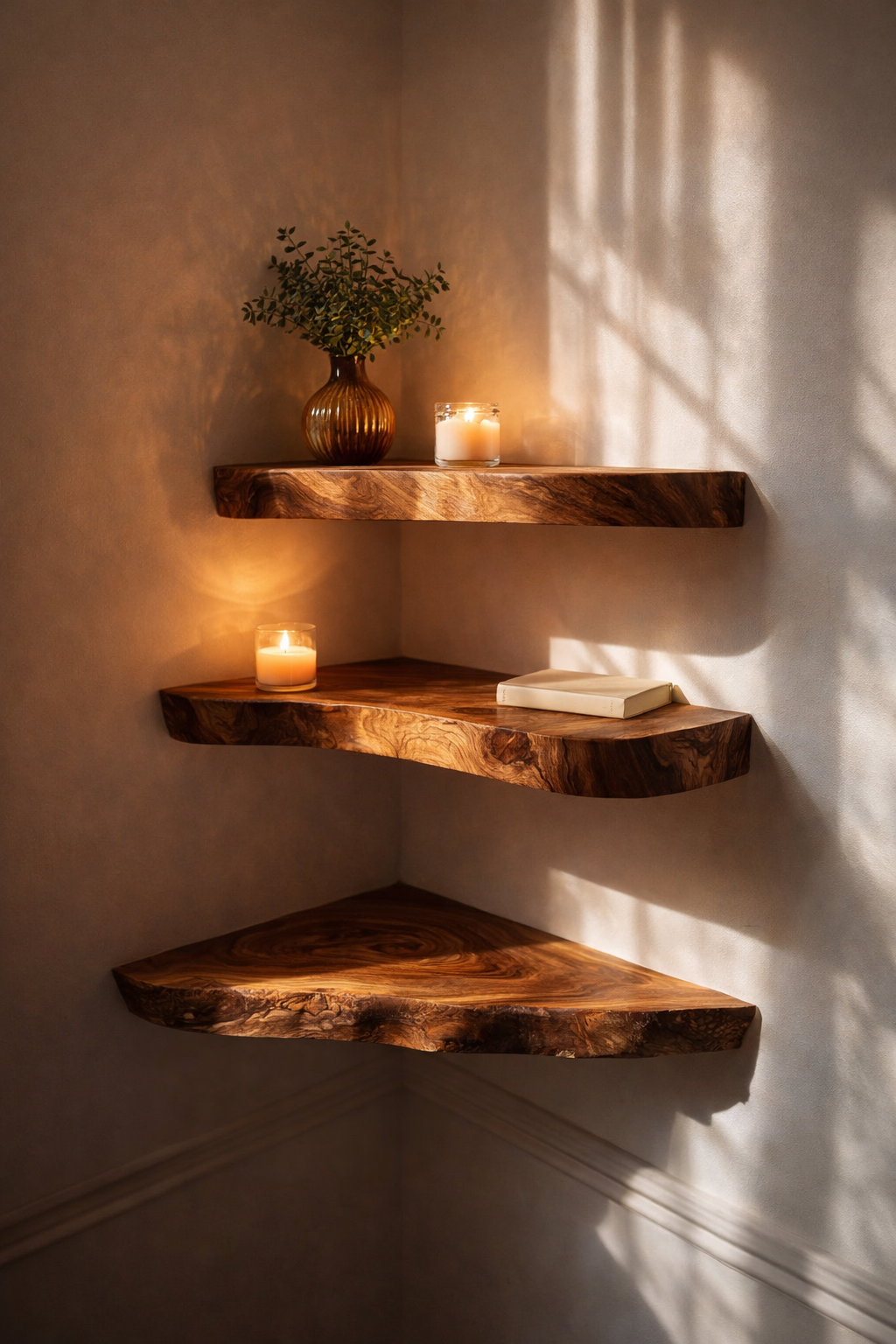 Three rustic corner wooden floating shelves mounted on a textured beige wall, styled with a small vase of greenery, two lit candles, and a book in warm sunlight with soft window shadows.