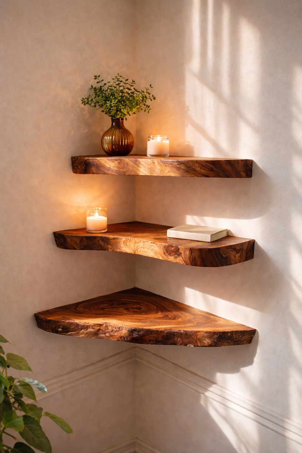 Three rustic corner wooden floating shelves mounted on a beige wall, styled with a small plant, candles, and a book in a warmly lit room.