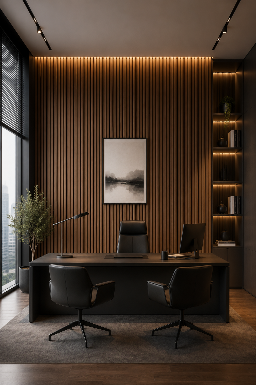 Modern office interior with wooden wall, desk, and chairs.