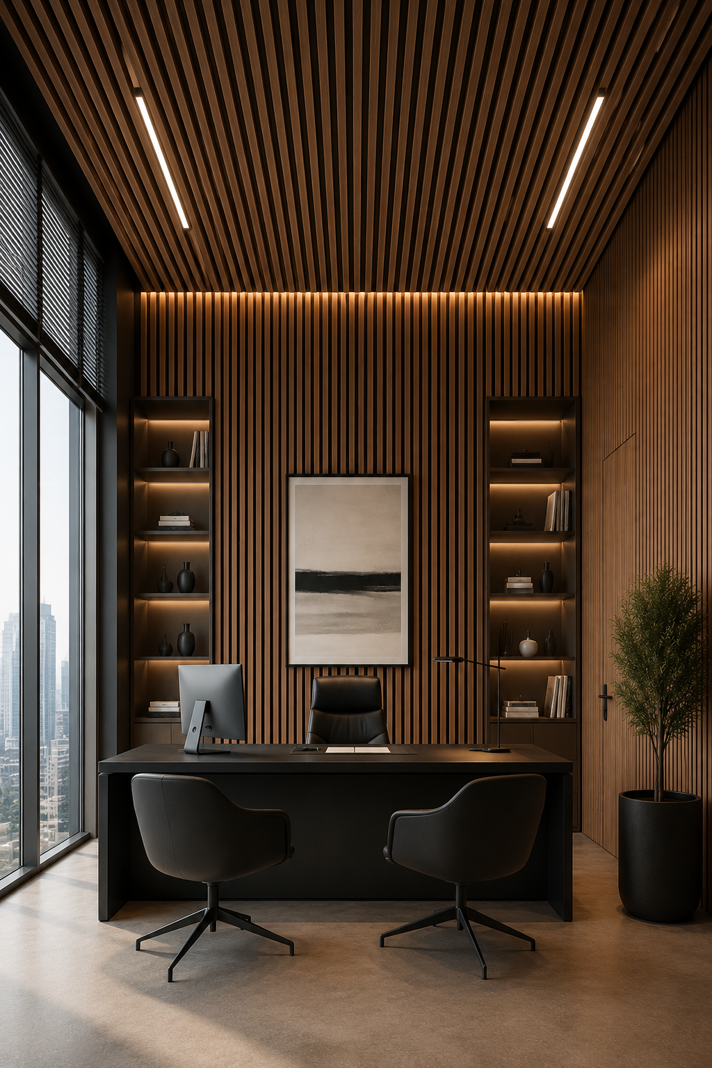 Modern office interior with wooden walls, shelves, and a desk.