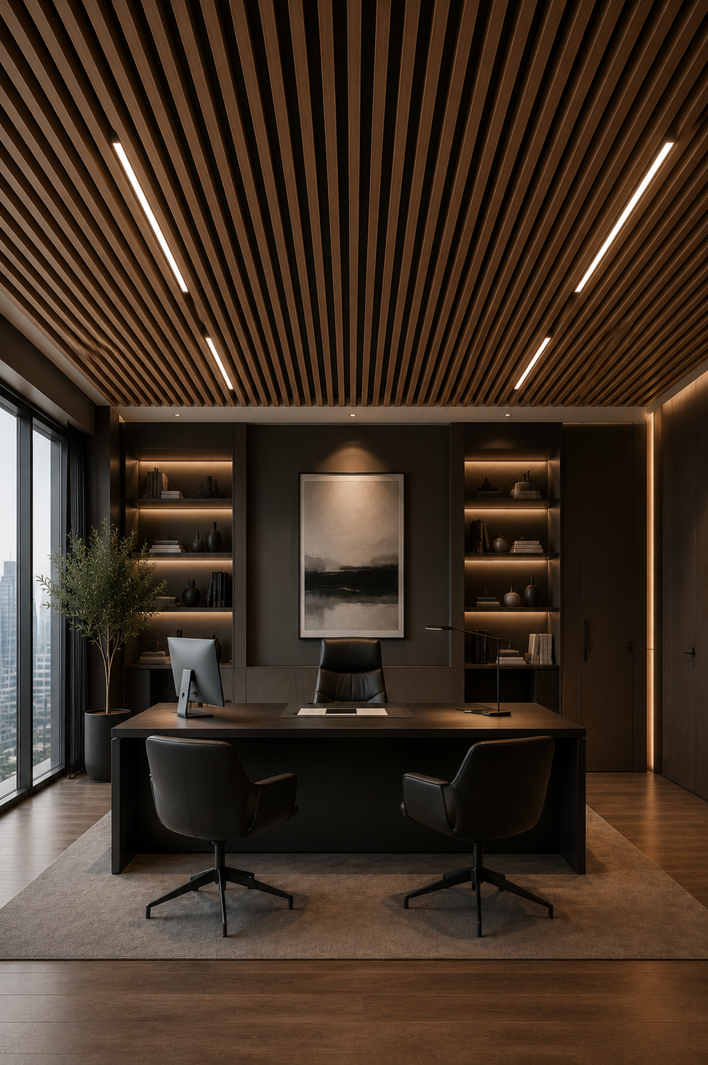 Modern office interior with wooden ceiling, desk, and bookshelves.